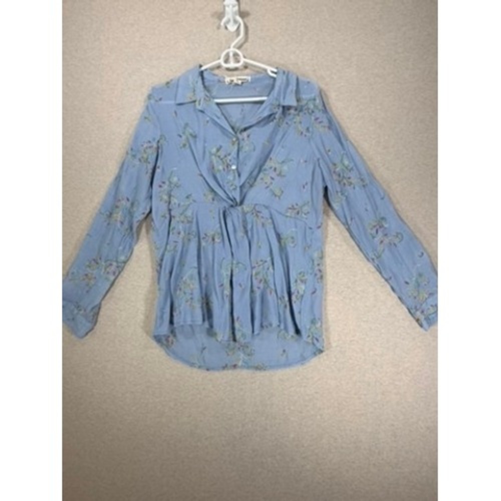 Hope Springs Blouse Women Large Blue Floral Embroidered Twist Front Top